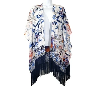 Chico's Silk Blend Kimono Ruana Fringe Trim Floral Watercolor Multiprint Sz S/M - Picture 1 of 11