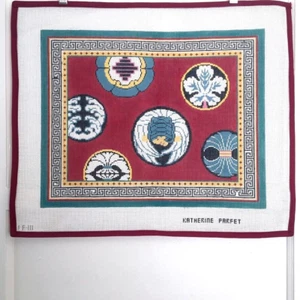 Katherine Parfet Handpainted Needlepoint Canvas Round Coins Asian Red 13 Mesh - Picture 1 of 4