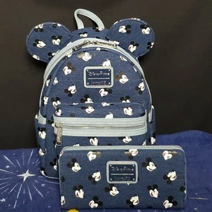 *Loungefly Mini Backpack & Wallet Set* Disney Park Mickey Mouse Blue Denim NEW - Picture 1 of 7