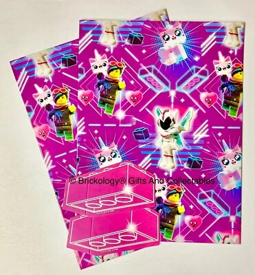 Lego Wrapping Paper The Lego Movie 2 Characters 2 Sheets 2 Tags Pink Brick Tags - Image 1 of 4