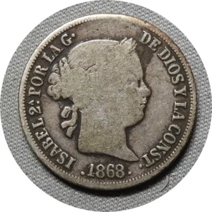 elf Philippines Spanish 10 Centimos 1868 Queen Isabella II Silver T68 - Picture 1 of 2