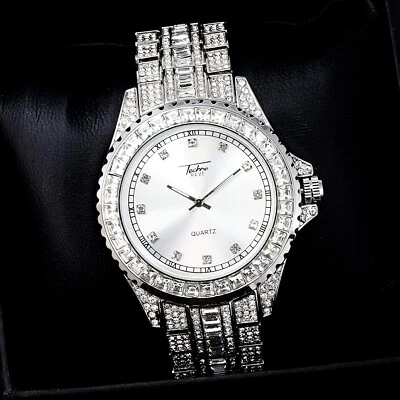 Reloj Hombre Helado Plateado Bling Rapero Laboratorio Simular Diamante Cristal Piedra Lujo NUEVO Foto 1 de 4