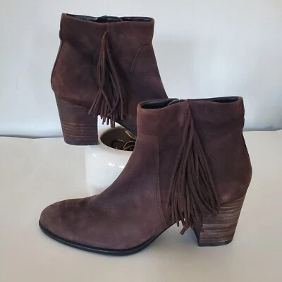 Botines ECCO US 8 Marrón Gamuza Cuero Flecos Cremallera 3" Tacón Boho Vaquera Usados 2X Usados en Excelente Condición Foto 1 de 4