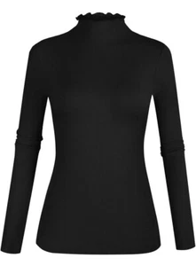 Size M Black Women's Lettuce Trim Mock Neck Long Sleeve Slim Fit Ribbed Knit Tee - Picture 1 of 5