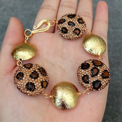 Pulsera de cuentas de monedas cepilladas con pavé de cristal dorado ojo de tigre joyería hecha a mano Foto 1 de 4