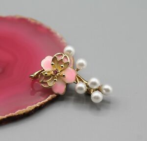 Elegant flower pin brooch jewelry fashion white pearl pink yellow gold tone 