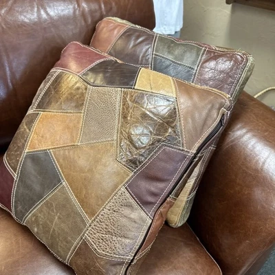 2 复古皮革拼布枕头全拉链复古 18"X18" 带插入件 — 第 1/4 张图片