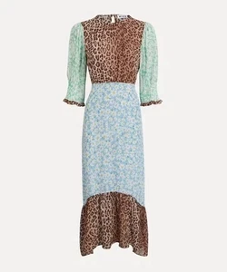 Vestido RIXO Azafrán Margarita Leopardo Seda Midi Talla Pequeña UK 10 - Imagen 1 de 9