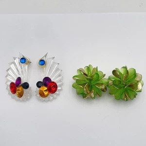 Lote de Pendientes Vintage Acrílico Abanico Flor Geométrica Tono Dorado Tachuelas Años 80 - Imagen 1 de 8