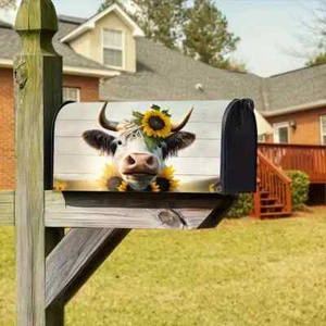 Sunflower Highland Cow Standard Size Mailbox Cover / Wrap - 18" x 21" - Picture 1 of 5