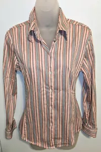 The Limited: Pink, Silver-Grey Striped Button-up Stretch Shirt Blouse, Size M - Picture 1 of 6