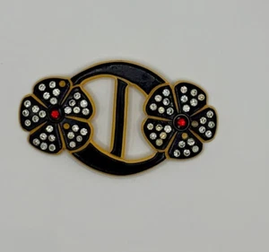 Fibbia cintura floreale vintage strass nero e crema intagliato barra centrale celluloide? - Foto 1 di 4