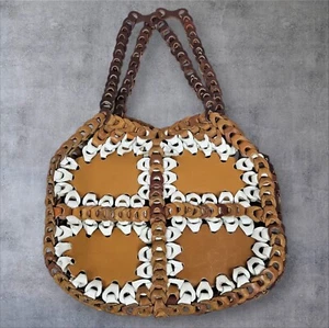 Borsa patchwork vintage anni 70 pelle boema legata passante tessuto abbronzatura neutra - Foto 1 di 9