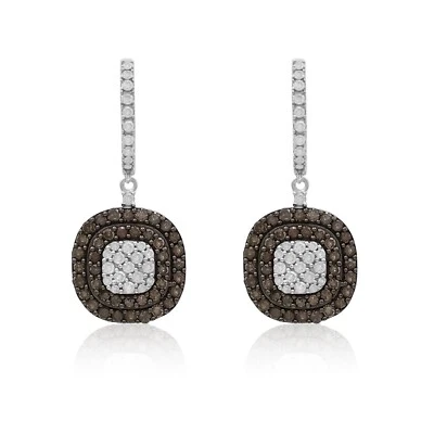 2.71 Ct Natural Round Brown White Diamond Halo Drop Dangle Silver Women Earring  - Image 1 of 4