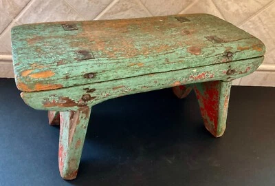 AAFA 19TH C. SMALL PAINTED & MORTISED STOOL W/BOOTJACK LEGS & SQUARE NAILS - Image 1 of 4