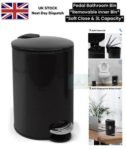 Pedal Bathroom Kitchen Bin Soft Closure Removable Inner Bin 3 Litre Black Modern - Picture 1 of 16
