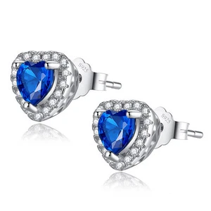Solid Sterling Silver Simulated Blue Sapphire Heart Shaped Stud Earrings - Picture 1 of 6