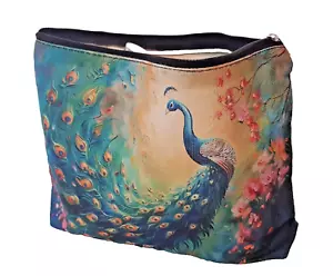 Kleine Tasche Kosmetiktasche Canvas Leinen Blau + Pfau Motiv 26 x 17 cm - Bild 1 von 10