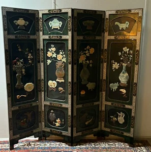 4 Vintage Chinese Floral Screens Lacquer Wood Jade Mother Pearl Precious Stone - Picture 1 of 15
