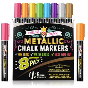 CHALKY CROWN Metallic Liquid Chalk Markers - 8 Pack with Reversible Bullet and - Picture 1 of 6