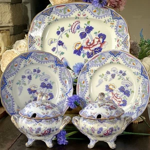Antique Dinner Serving Set Pinder Bourne & Hope ‘Alma’ Chinoiserie Violet Blue - Picture 1 of 19