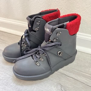 Damen Coach Urban Hiker grau Gummi Regen Stiefel Neopren Schnürung rot Fell Größe 7B - Bild 1 von 9