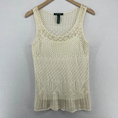 LAUREN RALPH LAUREN Sweater Tank M Linen Cotton Crochet Overlay Slip Off White - Image 1 of 4