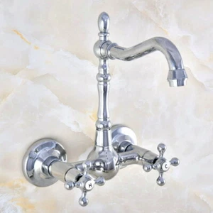 Chrome Brass Wall Mount Bathroom Basin Faucet Dual Handle Swivel Spout Mixer Tap - Imagen 1 de 7
