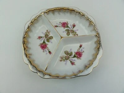 Relish Tray Vintage Made in Japan Moss Rose Pattern Gold Trim Pink Green White - Image 1 of 4
