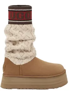 UGG CLASSIC SWEATER LETTER KNIT SUEDE CHESTNUT PLATFORM BOOTS SIZE US 8 WOMEN - Picture 1 of 5