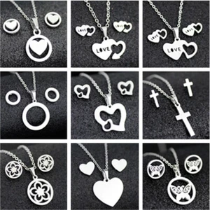 Stainless Steel Women Silver Jewelry Set Pendant Earrings Necklace charm Gift - Picture 1 of 38