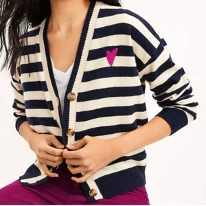 LOFT NWT Heart Stripe V-Neck Cardigan Women's Size Large Cotton Blend - Picture 1 of 9