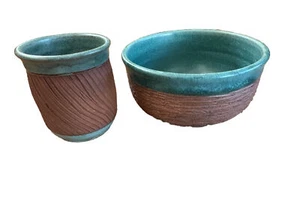 Studio Art Pottery Cup & Bowl Terra Cotta Brown & Blue Glaze EUC Signed MGS - Picture 1 of 9