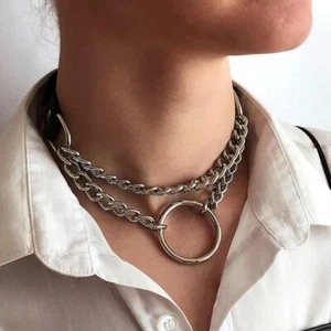 Punk Gothic Choker Necklace - Black Leather Chain Circle Necklaces - Rock O-Ring - Picture 1 of 7