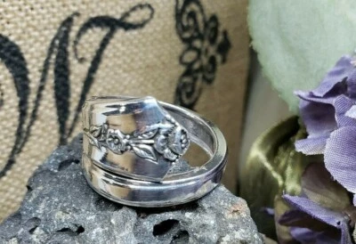 vtg sterling silver plated Spoon ring flowers spiral 1949 SPRING GARDEN ROSE - Image 1 of 3