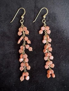 Handmade Peach Coral Beaded 3.25” Long Dangle Earrings Yellow Gold Filled - Picture 1 of 7
