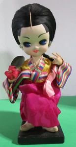 Pink Skirt Kimono Asian Bradley Doll Big Eyes Black Hair w/ Red Flower Big Head - Picture 1 of 11