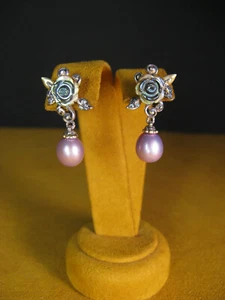 BARBARA BIXBY EARRINGS FLOWER BLUE TOPAZ PEARL ABALONE GEMSTONE ROSE LEAF Gift - Picture 1 of 3
