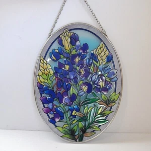 Amia Suncatcher Stained Glass Look Purple Yellow Flowers Denver Silver Frame - Picture 1 of 15