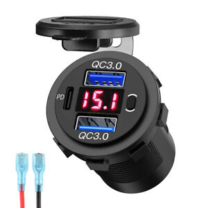 Dual QC 3.0 USB + PD Type-C Fast Car Charger Socket Adapter Power Outlet 12V 64W