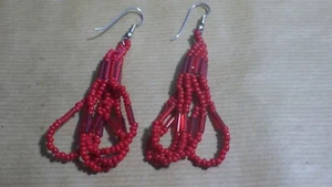 seed bead & tube earrings red glass dangle long loops - Picture 1 of 3