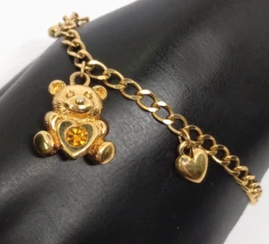 Vintage Gold Tone Avon Teddy Bear Charm Bracelet Topaz Color Birth Stone Size 6" - Picture 1 of 9