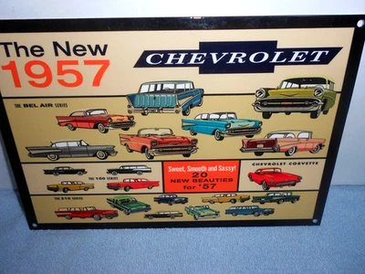 VINTAGE 12x8 in THE NEW 1957 CHEVROLET`S  ADVERTISING SIGN HEAVY METAL - S 351 D - Image 1 of 4
