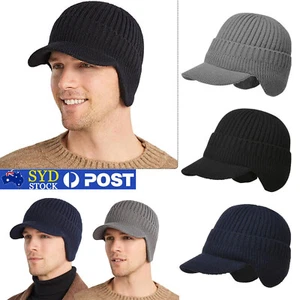 Men's Winter Wool Blend Visor Brim Beanie with Bill Knit Baseball Cap Skull Hat - Picture 1 of 13