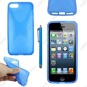 Housse Etui Coque Silicone Motif X Bleu pour iPhone SE 5S 5 + Stylet - Photo 1 sur 1