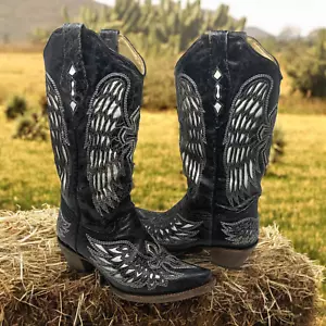 Corral Black Leather Sz 7 Embroidered Cowboy Western Boots Cross Wings 93051 - Picture 1 of 10