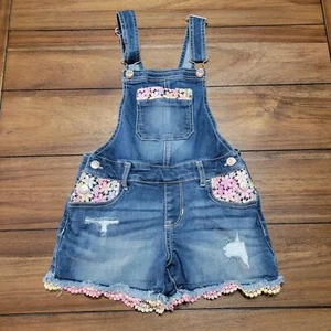 Jordache Girls Denim Shorts Overalls Knit Pastel Flower Trim - Size M (7-8) - Picture 1 of 7
