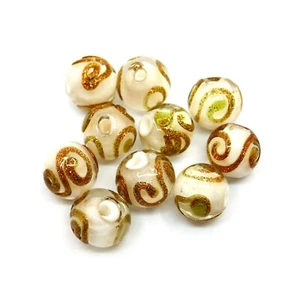 Handmade Lampwork Glass Beads 10pcs White Gold Swirls 10mm Dia Feature Jewellery - Picture 1 of 4