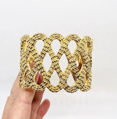 Lilly Pulitzer Gold Tone Cuff Bracelet Openwork Basket Weave Textured Chunky - Image 1 of 4