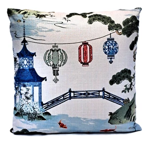 Chinoiserie Pagoda Asian Garden Decorative Throw Pillow Cover 18x18 - Picture 1 of 8